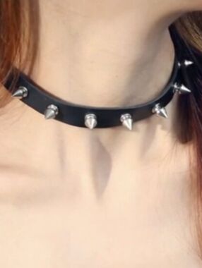 Black Faux Leather Spiked Choker Necklace Punk Goth Studded Collar Adjustable